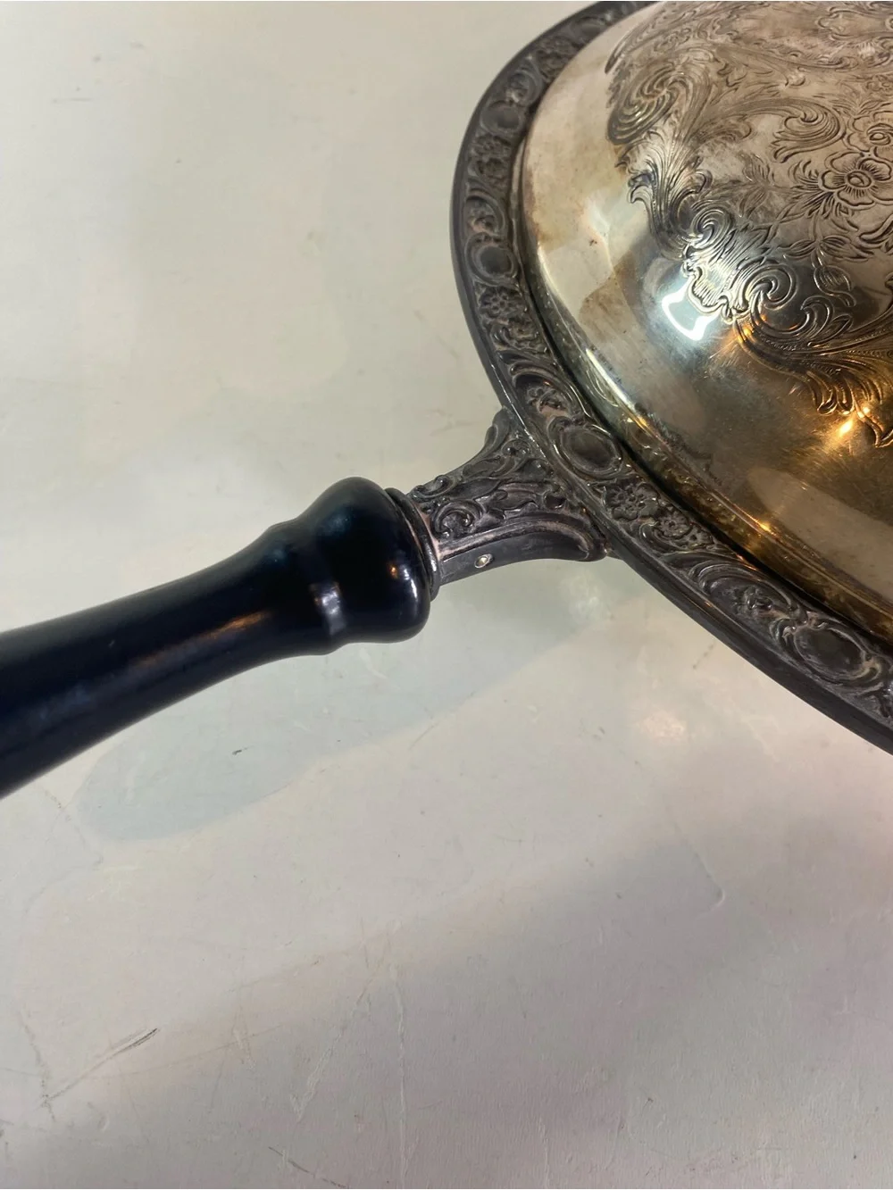 Silver Plate Lidded Round Chafing Dish With Black Wooden Handle Wooden Handle